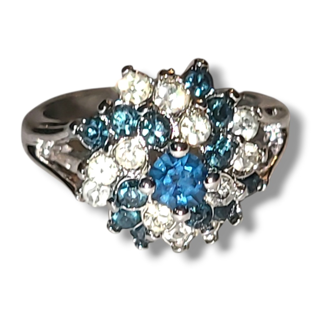 Vintage 18K HGE Blue Clear CZ Cluster Cocktail Ring White Gold Plate Sz 7